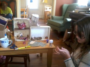 Jaden working on the gnome house... (which eventually had a rooftop pony-stable for a pegasus, too)